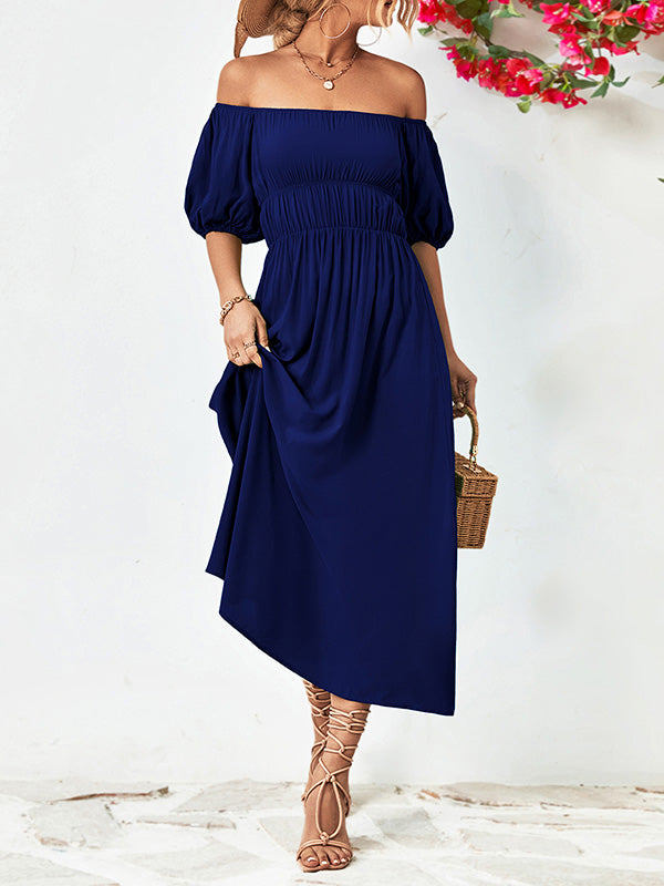 Loose Short Sleeves Color Off-the-shoulder Midi Dresses