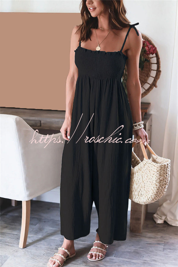 Color High Waist Linen Blend Suspender Pleated Jumpsuit