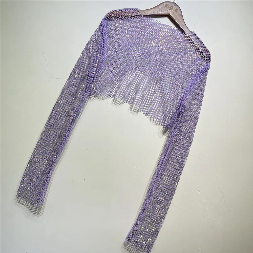 Sparkly Crystal T-shirts O-neck Hollow Out See Through Tank Tops Night Partywear Crop Shirts Tee Y2k Tops