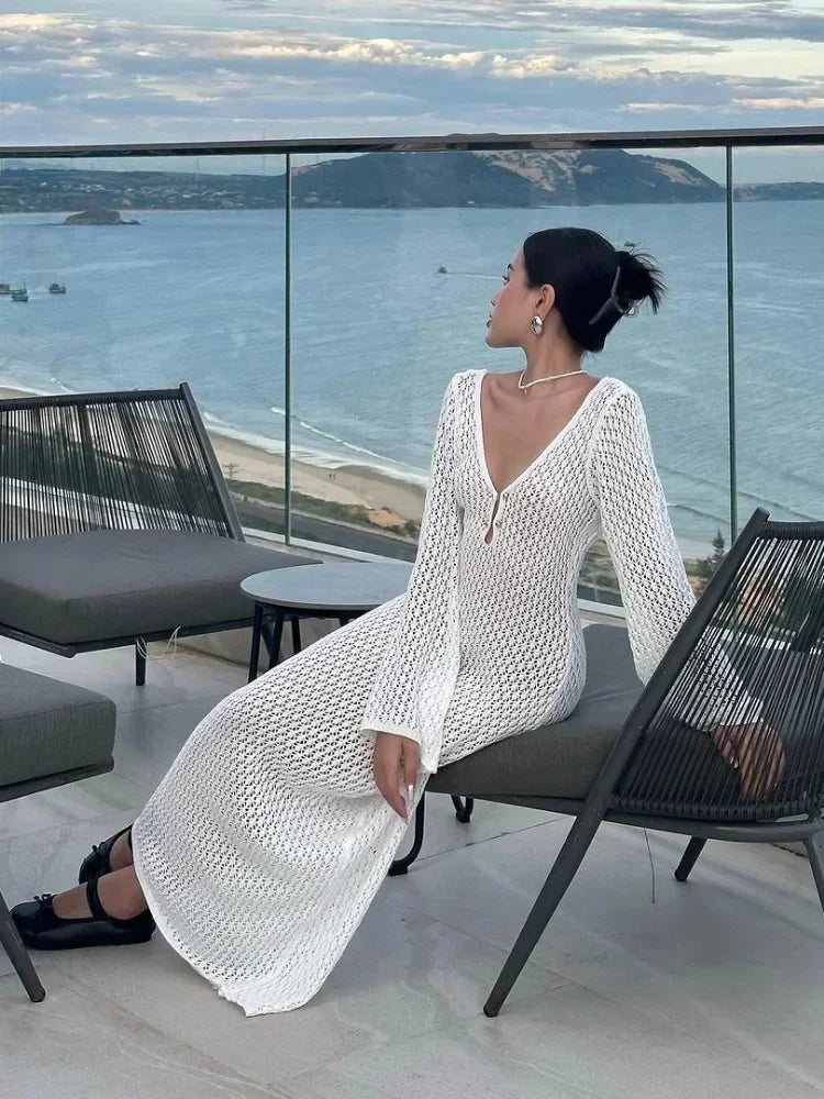 White Knit Cover Up Maxi Dress – Female See-through V-neck Hollow Out Beach Holiday Dress