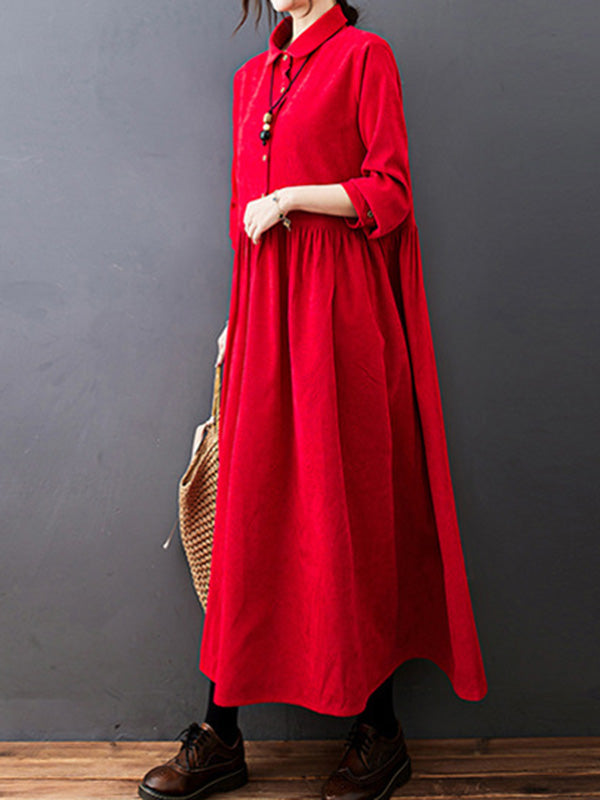 Split-joint Color Long Sleeves Lapel A-line Corduroy Midi Dress