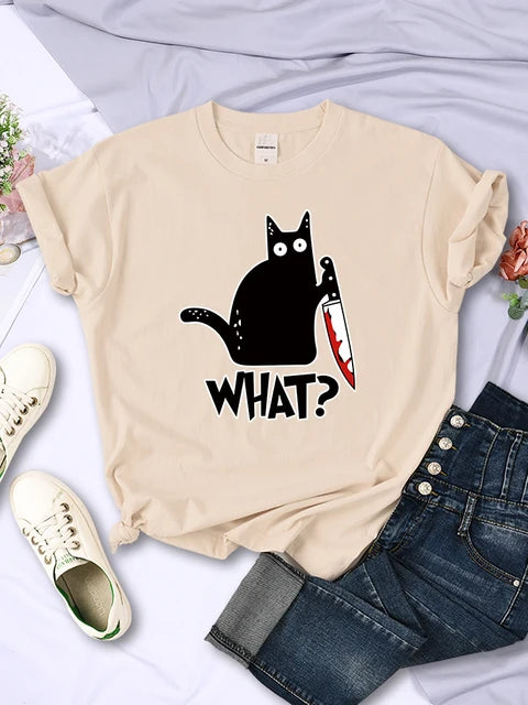 Kitchen Knife Black Cat Wha? Print Female Short Sleeve Breathable T-shirts Summer Cool Tee Clothes Street Hip Hop Tops