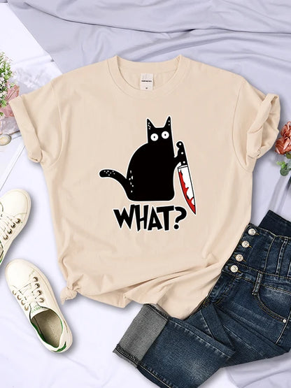 Kitchen Knife Black Cat Wha? Print Female Short Sleeve Breathable T-shirts Summer Cool Tee Clothes Street Hip Hop Tops