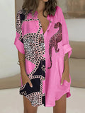 Long Sleeves Loose Animal Printed Buttoned Leopard Lapel Mini Dresses Shirt Dress