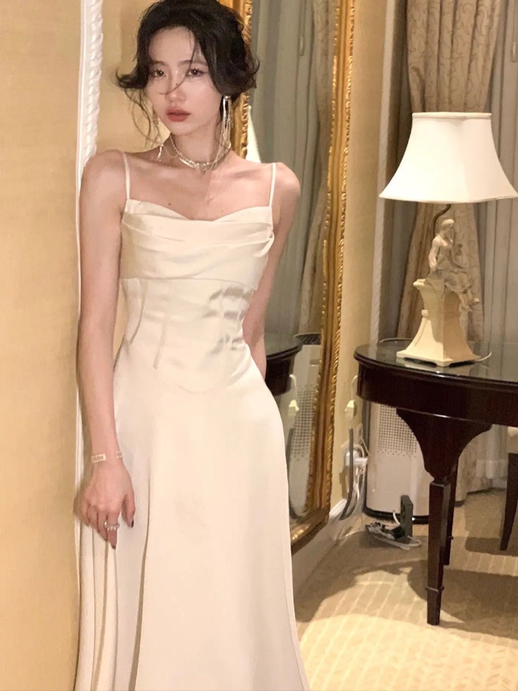 New Summer Satin Midi Dress Slim Spaghetti Strap Party Dresses Wedding Evening Birthday Backless Prom Robe Clothes