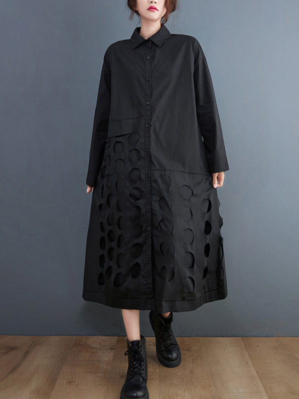 A-line Long Sleeves Asymmetric Hollow Polka-dot Color Lapel Midi Dresses