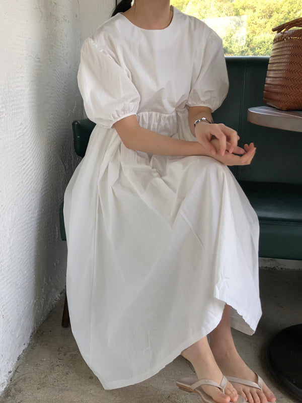 Original Loose Color Pleated Puff Sleeves Midi Dress