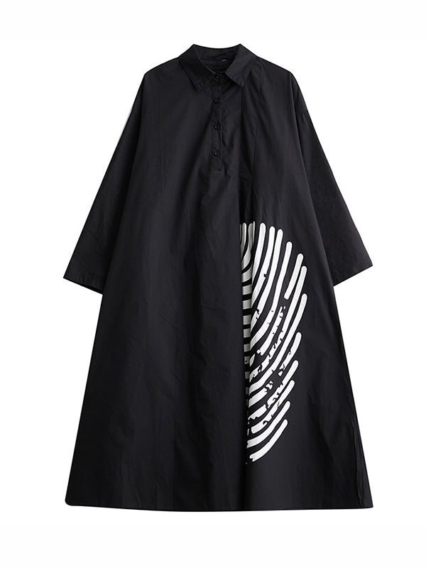 A-line Long Sleeves Asymmetric Buttoned Striped Lapel Midi Dresses