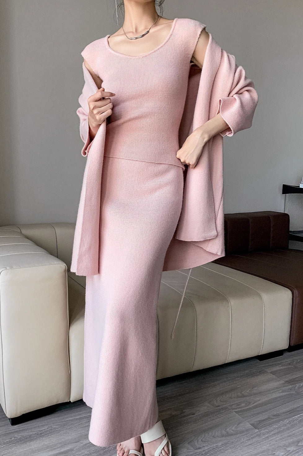 Ribbed High-end Knit Cardigan Tank Wide-leg Pants Three Piece Set