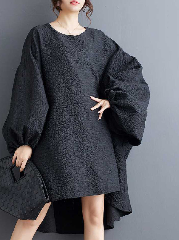 High-low Long Sleeves Elasticity Color Split-joint Round-neck Midi Dresses