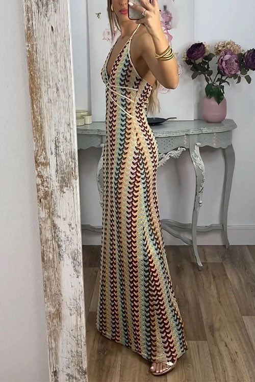 Halter V Neck Backless Color Block Crochet Maxi Dress