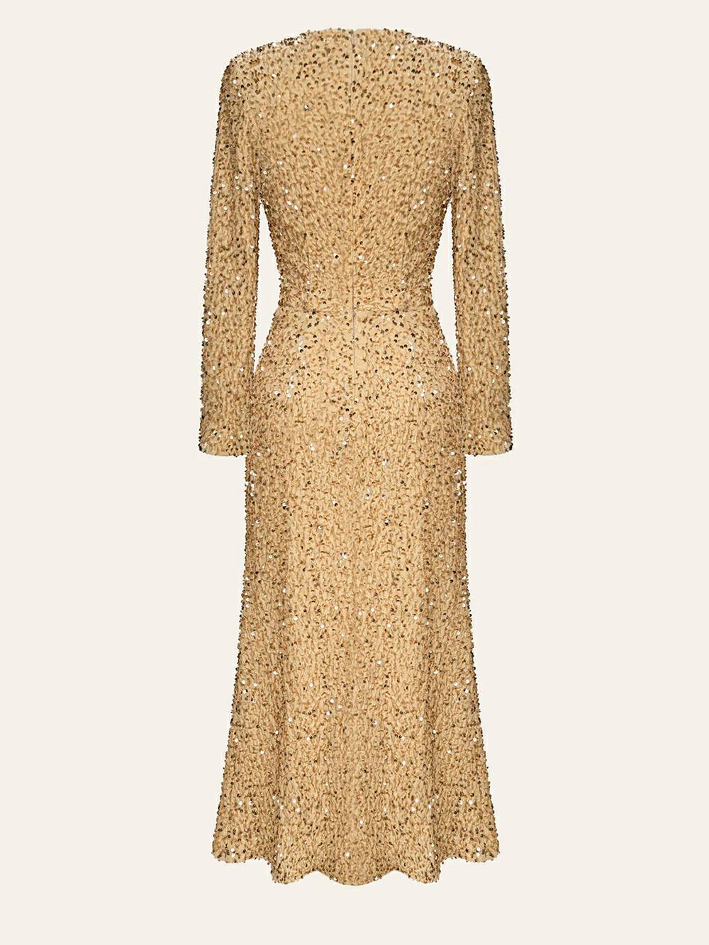 Sequin Decorated Velvet Midi Dress in Beige