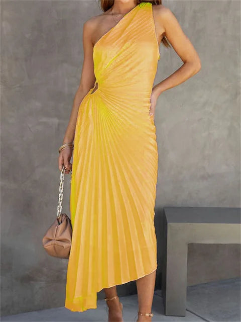 Female Dress Gown Pleated One-shoulder Sleeveless Summer Party Dress Slim for Maxi Dress