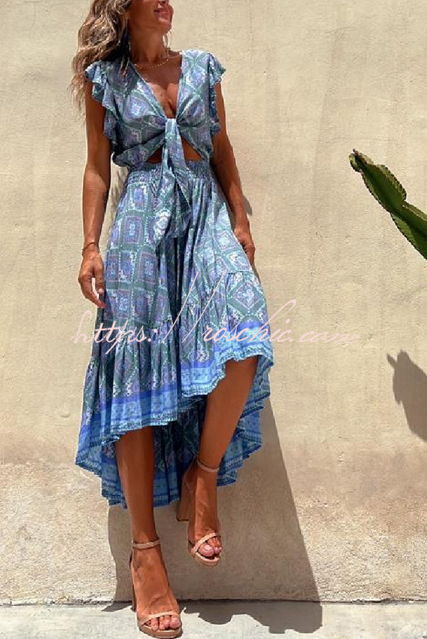 Libby Hippie Printed Tie Front Ruffle Sleeve Smocked Waist Midi Dress