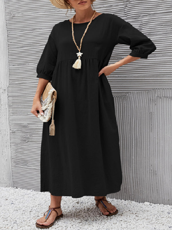 11 Colors Simple Round-neck Color Midi Dress