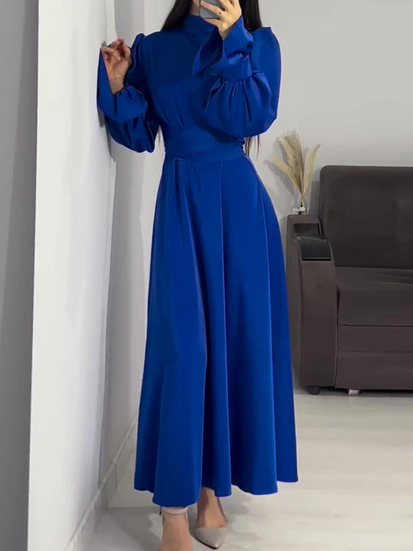 A-line Long Sleeves Pleated Color Tied Waist Zipper Mock Neck Maxi Dresses