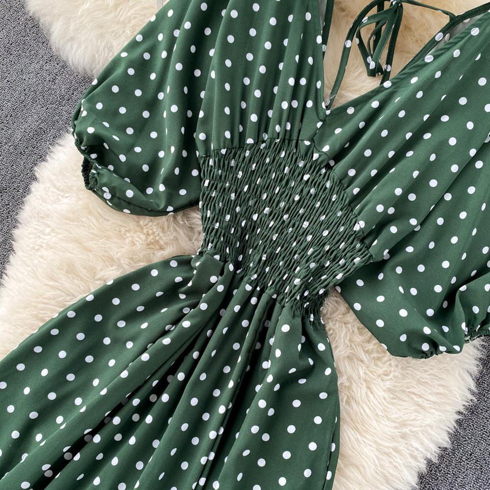 Stylish Army Green V-neck Polka Dot Puff Sleeve Wide Leg Jumpsuit