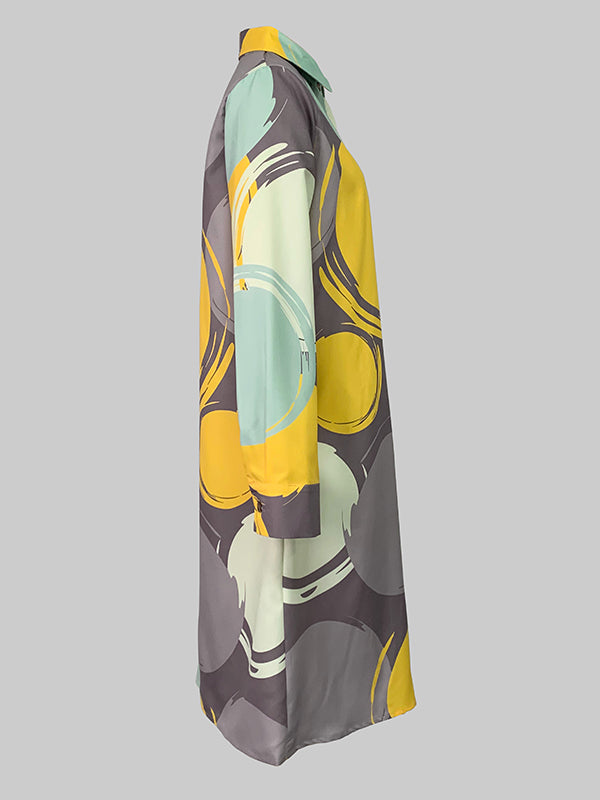 A-line Long Sleeves Buttoned Pockets Printed Lapel Midi Dresses