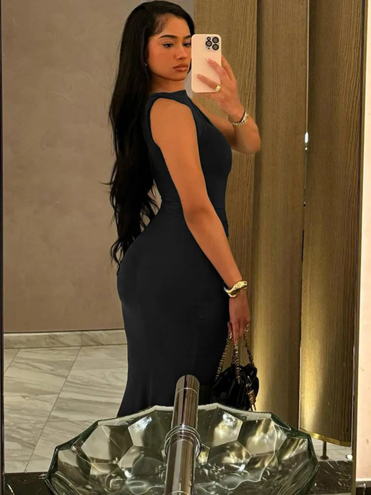 Sleeveless Bodycon Elastic Long Dress for Autumn New Vestidos Folded High Waist Party Evening Dress