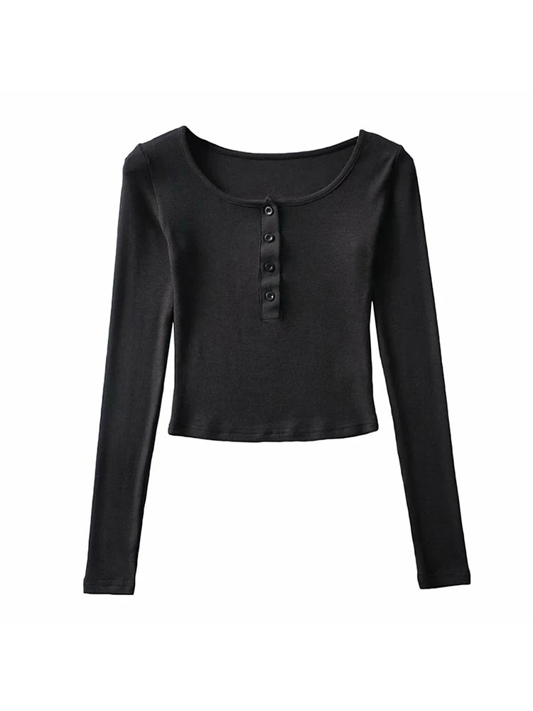 ’s Spring Autumn Slim Crop Tops Color Long Sleeve Button Down T-shirt Basic Tee Harajuku Tops