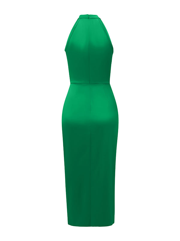 Loose Sleeveless Hollow Pleated Color Split-joint Stand Collar Midi Dresses