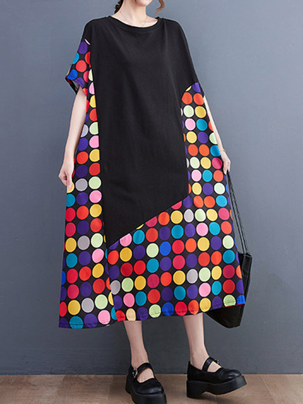 Loose Short Sleeves Multi-colored Polka-dot Split-joint Round-neck Midi Dresses