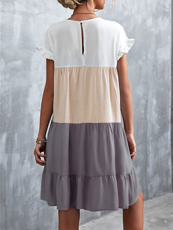 Loose Ruffle Sleeves Contrast Color Falbala Pleated Split-joint Round-neck Mini Dresses