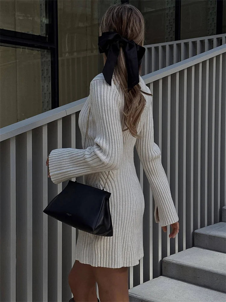 Hollow Out Ribbed Knitwear Mini Dress Female Loose High Waist Patchwork Party Dress Knit Dress