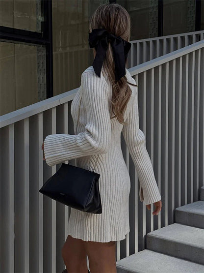 Hollow Out Ribbed Knitwear Mini Dress Female Loose High Waist Patchwork Party Dress Knit Dress