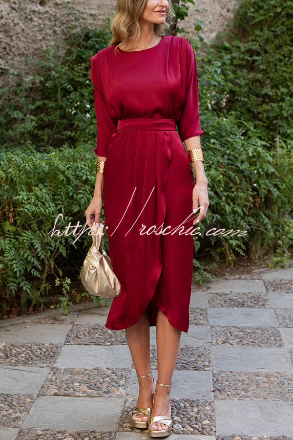Satin Color Round Neck Half Sleeve Waist Midi Dress