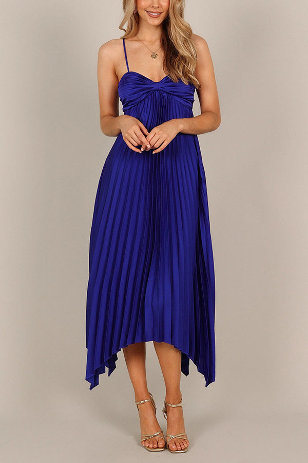 Color Suspender Pleated Irregular Midi Dress