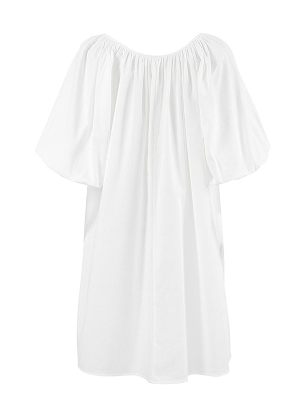 Loose Puff Sleeves Lace-up Pleated See-through Color V-neck Mini Dresses Sleep Dress