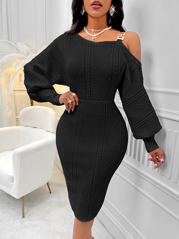 Bodycon Long Sleeves Color Split-joint Cold Shoulder Midi Dresses