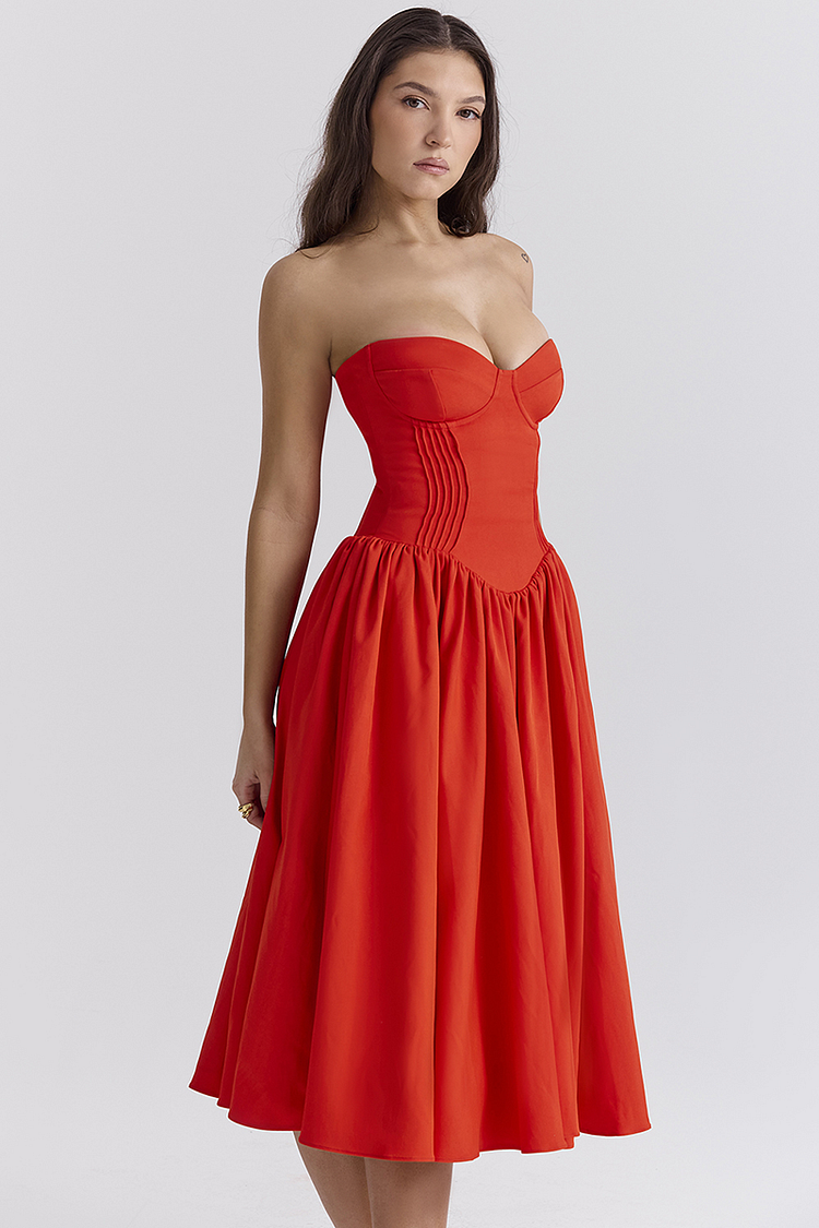 Strapless Corset Pleated Hem Prom Party Midi Dresses-red