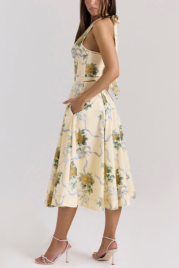 Resort Star Print Waist Halterneck Tie Pocket Midi Dress