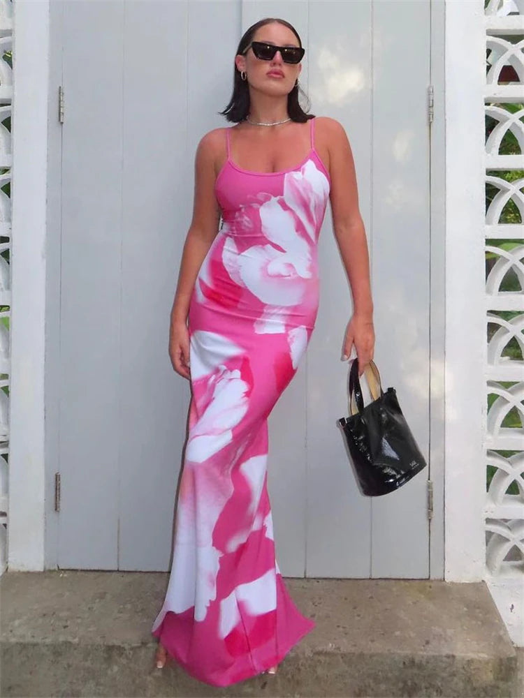 Contrast Spaghetti Slim Maxi Dress Female Printed Off-shoulder Holiday Beach Dress Patchwork Summer Party Dress
