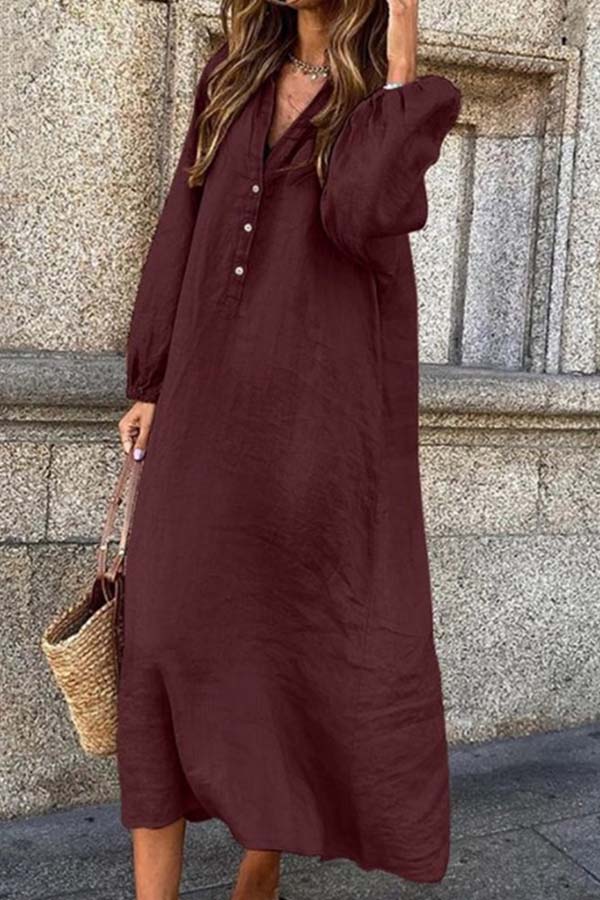 Cotton Linen Color Long-sleeved V-neck Button Long Jumpsuit