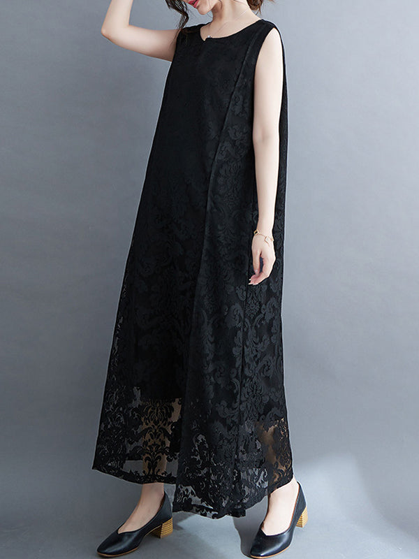 A-line Loose Lacy See-through Color Split-side Round-neck Midi Dresses