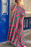 Linen Blend Off Shoulder Ruffle Puff Sleeve Pocketed Midi Dress