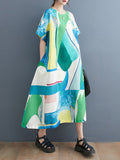 Short Sleeves Loose Contrast Color Round-neck Midi Dresses