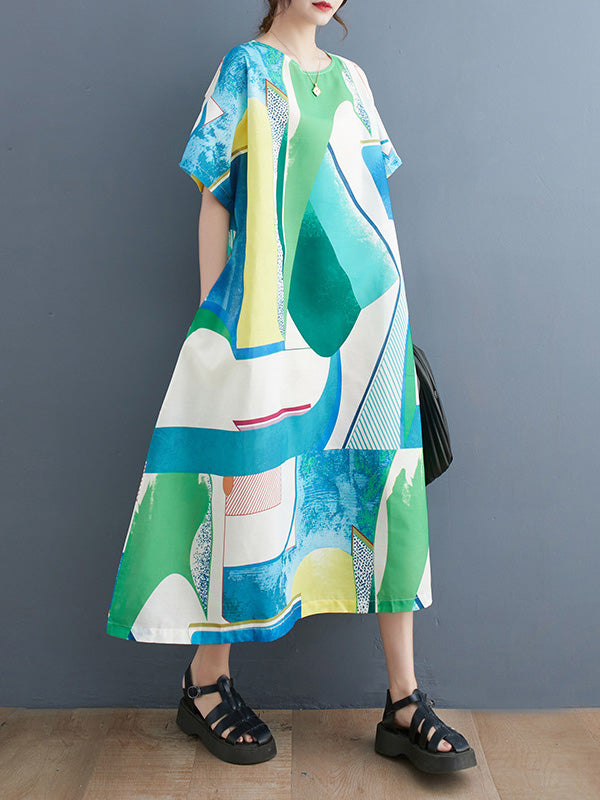 Short Sleeves Loose Contrast Color Round-neck Midi Dresses