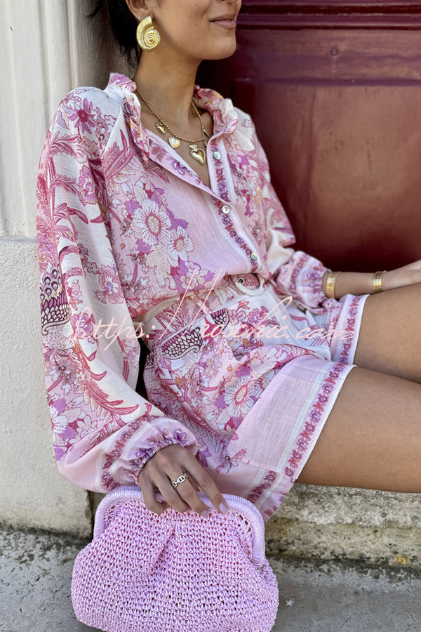 Botanical Print Palace Style Stand-up Collar Lantern Sleeve Loose Top and Shorts Set