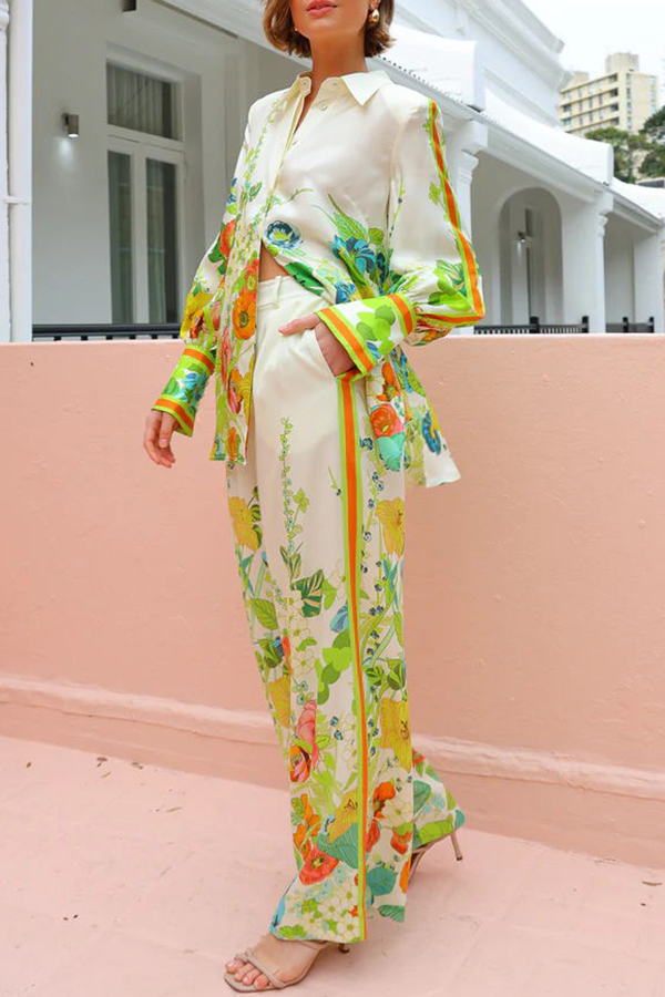 Satin Print Back Elastic Waist Pocketed Wide Leg Pants