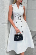 Striped Button Belt Midi Dress