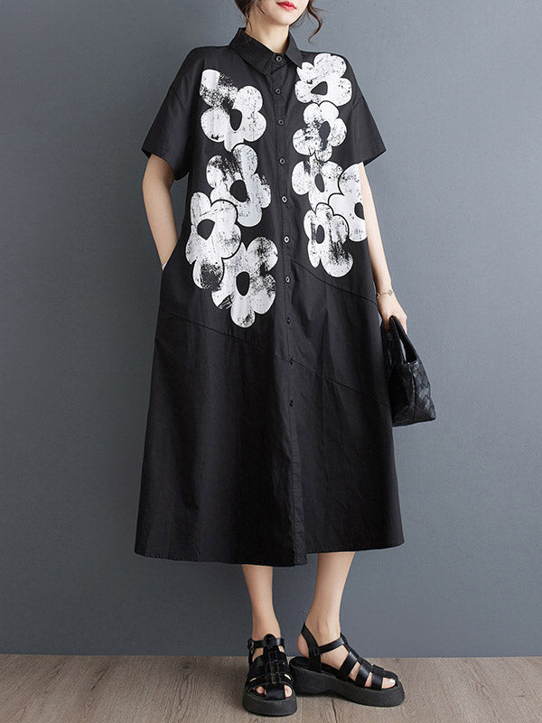 A-line Loose Asymmetric Buttoned Flower Print Lapel Midi Dresses Shirt Dress