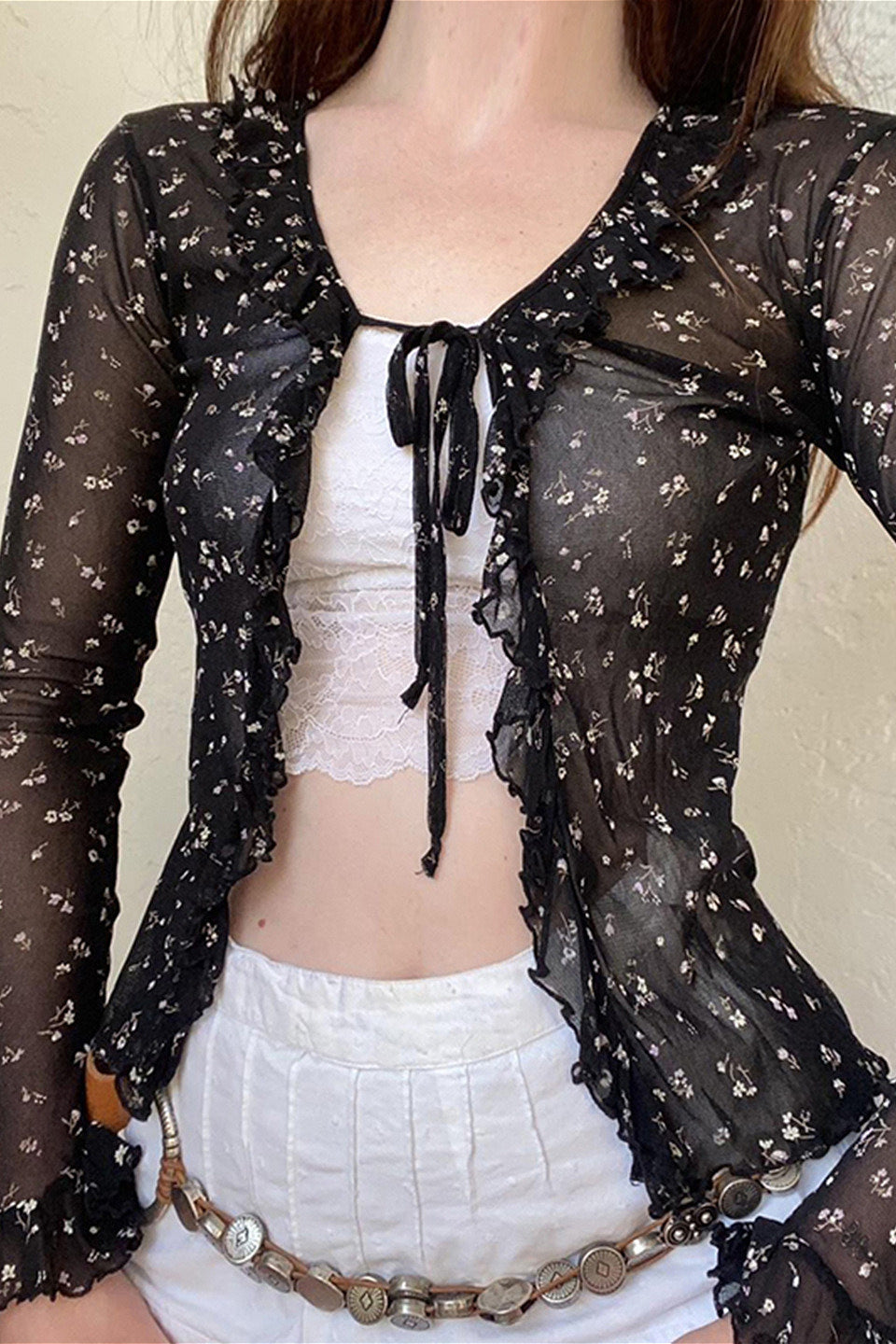 French Bow Tie Tulle Cardigan Blouse