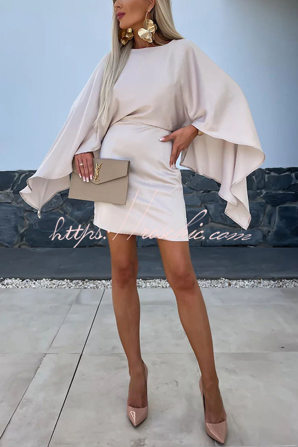 Wings Satin Butterfly Sleeves Elastic Waist Formal Mini Dress
