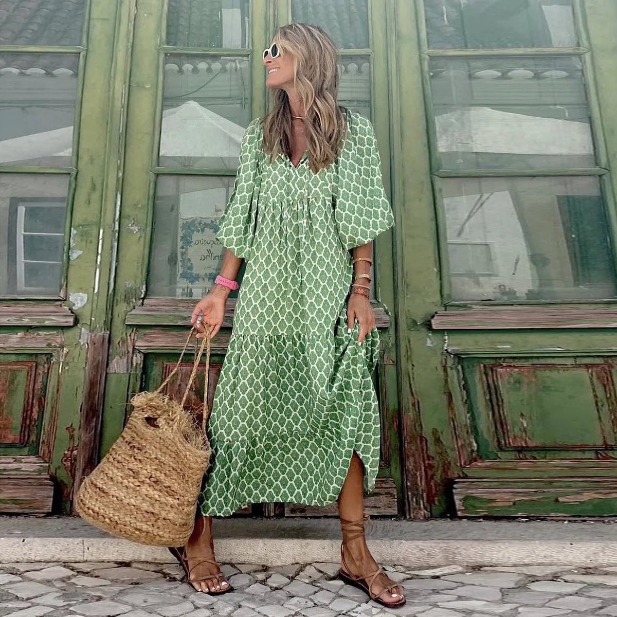 Autumn Dresses for Print Ruffles Loose Long Dress Office Beach Style V Neck Vestidos