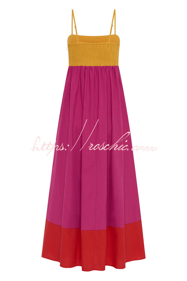Splicing Sling Back Pleated Holiday Style Midi Dress