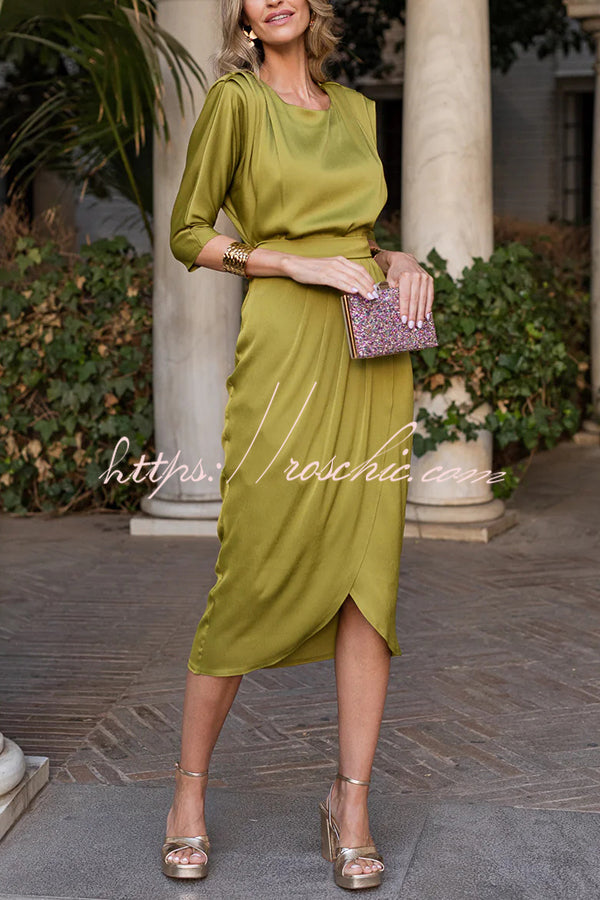 Satin Color Round Neck Half Sleeve Waist Midi Dress